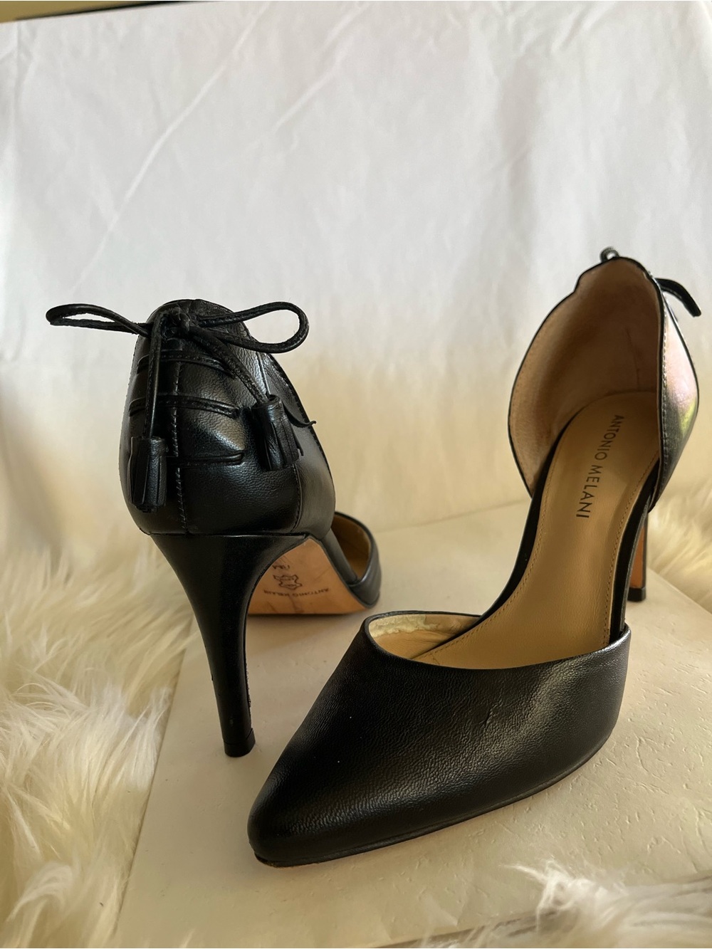 ANTONIO MELANI Black Leather Pointed D'Orsay Heels with Back Tie